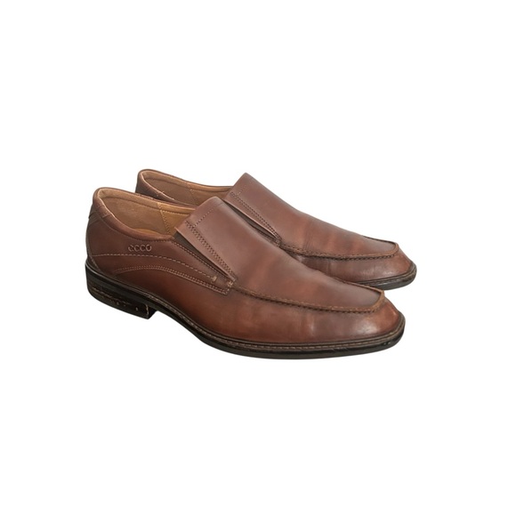 ECCO Men’s Leather Slip On Dress Shoes Brown US Size 10 EU 44 Extra Wide - Picture 1 of 14